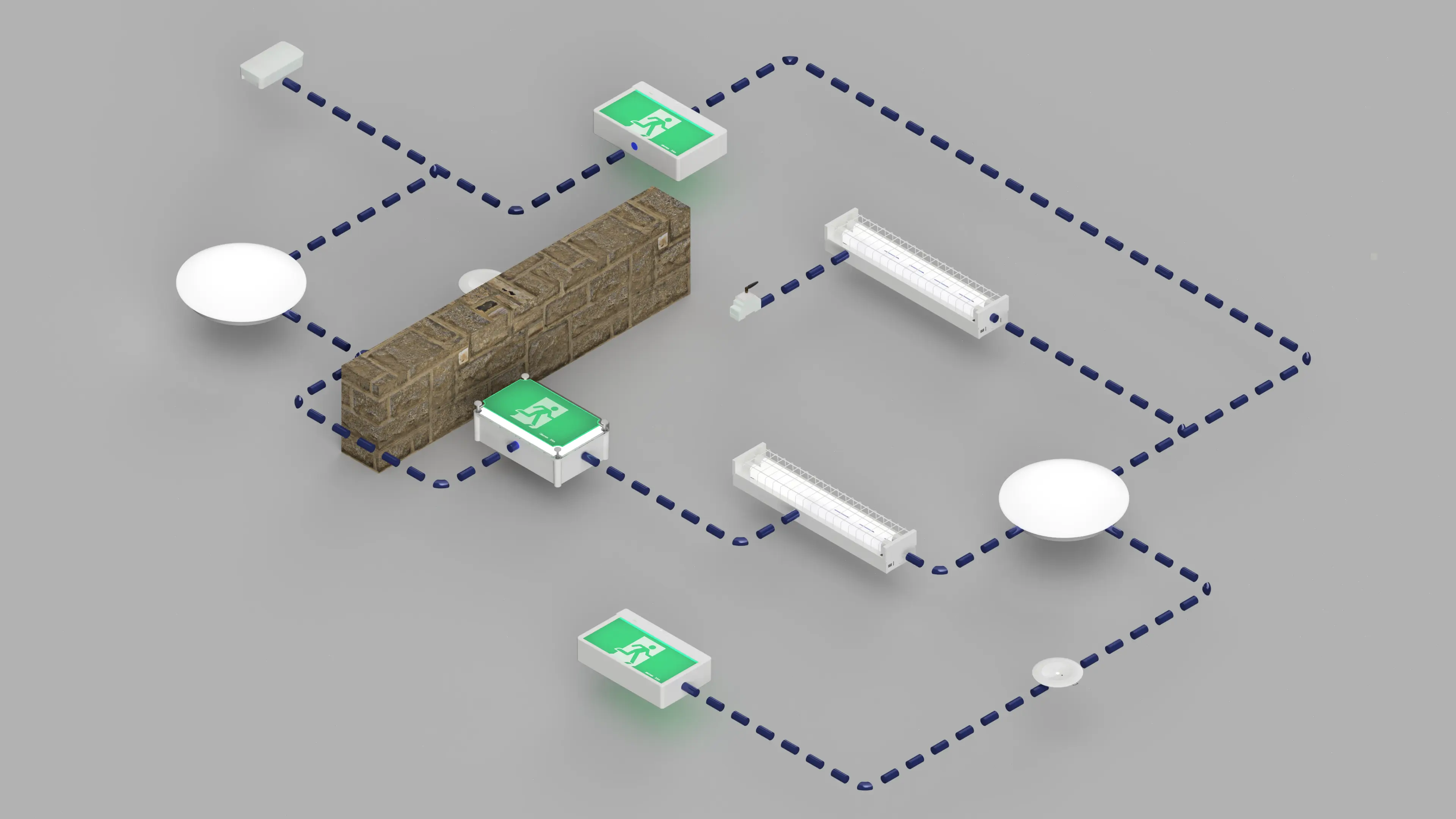 Plexus devices connected by multiple mesh paths around a wall, with the gateway at the top left.