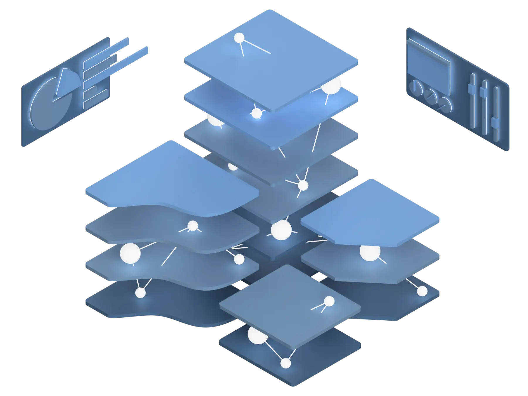Isometric illustration of a multi-level building with connected nodes and equipment