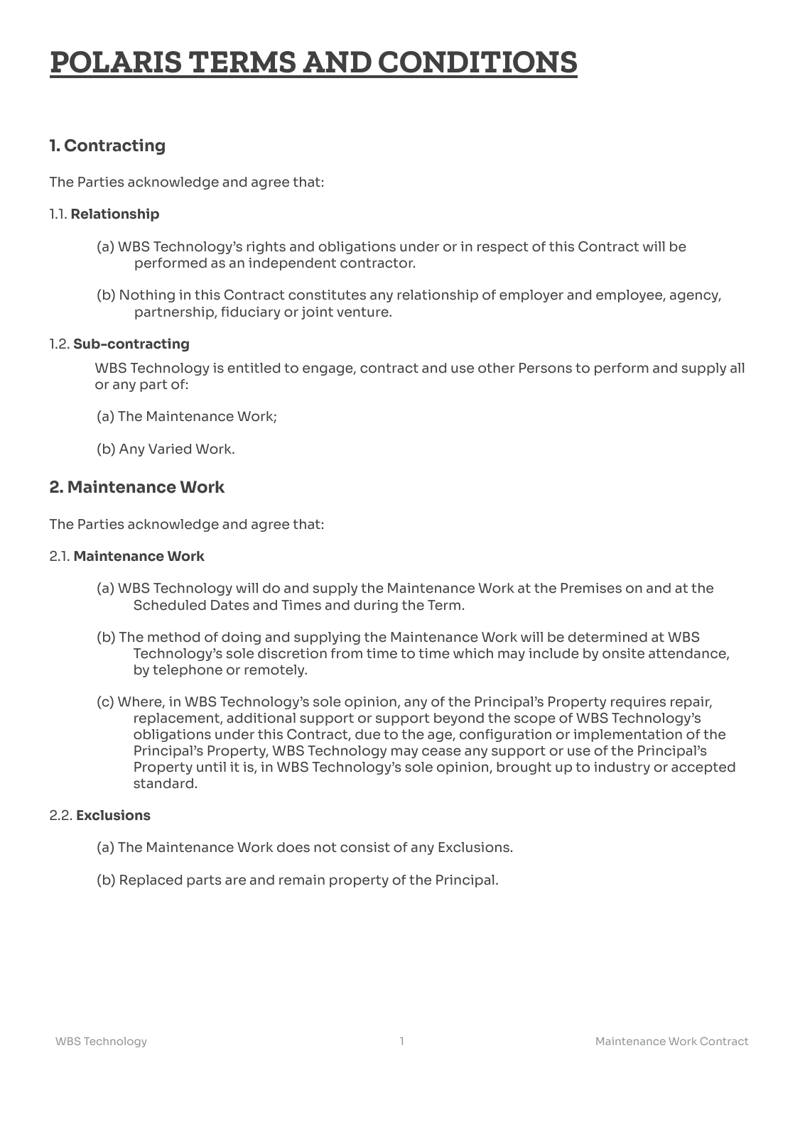 First page of the Polaris Maintenance Terms and Conditions document